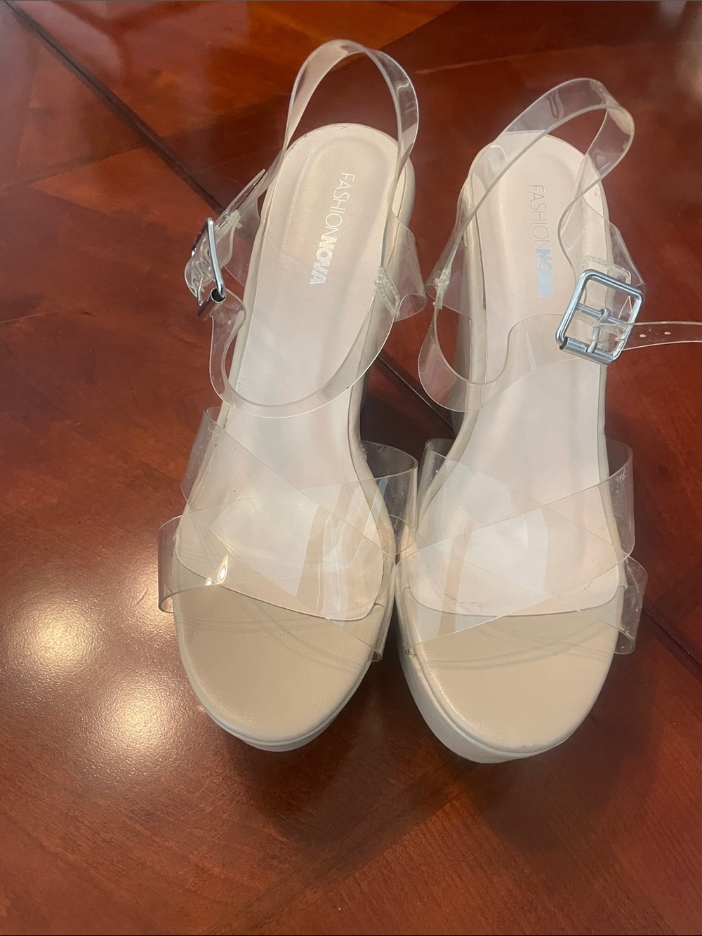 Fashion Nova Clear Strap Platform Sandals in Beige